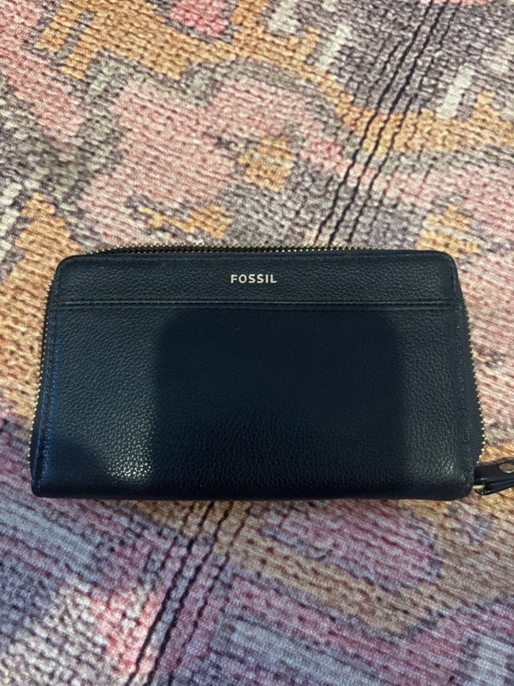 Fossil Black Leather Zip Wallet with Gold Logo